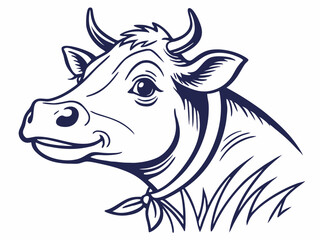 Friendly Cow Head Vector Illustration Dark Blue Outline on White Background