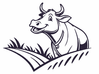Happy Cow in Grass Vector Illustration Dark Purple Outline on White Background bull cattle
