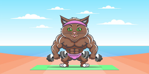 Vector dark brown powerful funny cute cartoon cat bodybuilder with dumbbells. Sea beach and clouds. Toon strong muscular puss. Kitten athlete