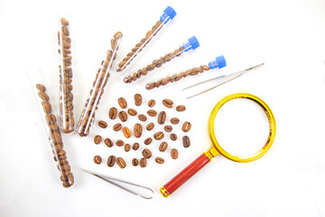 Scientific Coffee Research – A lab-themed composition featuring coffee beans in test tubes,...