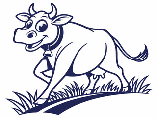 Happy Cartoon Cow Walking in Grass Vector Illustration Dark Blue Outline on White Background graphic