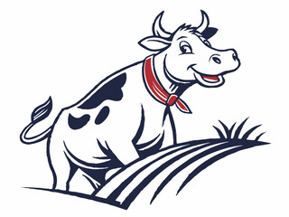 Happy Cow Logo Vector Illustration White Background Dark Blue and Red Cow in Field graphic