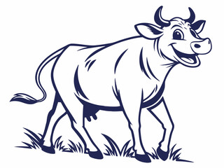Happy Cartoon Cow Standing in Grass Vector Illustration Dark Blue Outline on White Background graphic