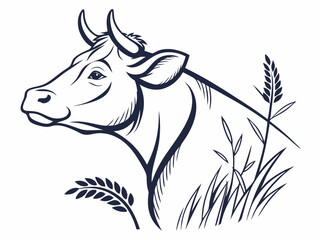 Cow Head Profile with Wheat and Grass Vector Illustration Dark Blue on White side view