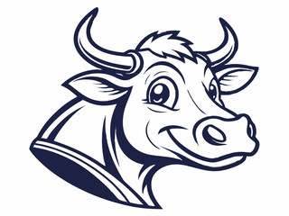 Friendly Cartoon Cow Head Logo Dark Blue V E C T O R Illustration Isolated on White bull bovine