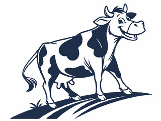 Happy Cow Logo Dark Blue and White Cartoon Style V E C T O R Isolated on White Background illustration