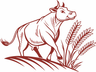 Brown Cow Logo Standing in Wheat Field on White Background V E C T O R bull cattle