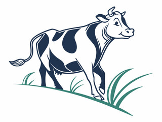Obraz premium Dark Blue Cow Logo on White Background Walking in Teal Grass V E C T O R vector illustration