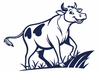 Happy Cow Logo Vector Illustration Dark Blue on White Background Standing in Grass