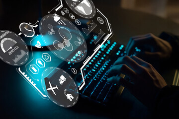 Futuristic Technology Concept with Digital Interface and Human Hands Typing on Keyboard in Dark...