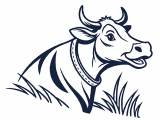 Dark Blue Cow Head Vector Illustration with Grass on White Background