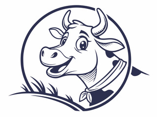 Happy Cartoon Cow Head Logo Vector Illustration Dark Blue on White Background