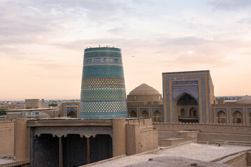 Sunset Panorama of Khiva with Kalta Minor Minarets in Khiva, Uzbekistan