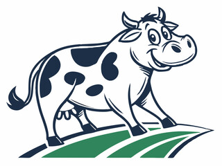 Happy Cartoon Cow with Dark Blue Spots Standing on Green Field V E C T O R animal farm