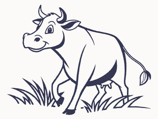 Happy Cow in Grass Vector Illustration Dark Blue Outline on White Background bull calf