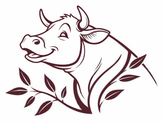 Brown Line Art Cow Head with Leaves Vector Illustration on White Background bull cattle