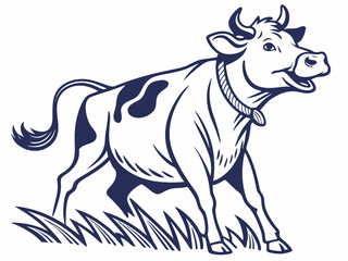 Happy Cow in Grass Vector Illustration Dark Blue Outline Style Isolated Cow Logo Design Element