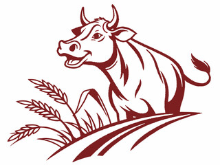 Brown Cow Logo with Wheat Stalks in Field V E C T O R Illustration on White Background bull cattle