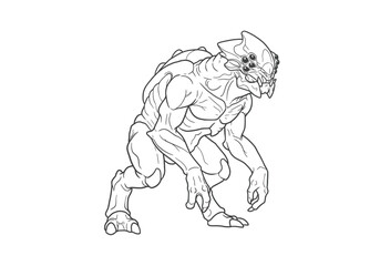 Unggoy drawing. It is a detailed black and white line art sketch of a fierce, muscular, and alien-like creature with multiple eyes. Vector sketch line art draw.
