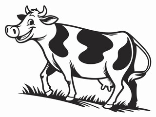 Happy Black and White Cow Cartoon V E C T O R Illustration on White Background Standing in Grass vector