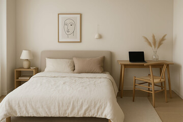 Minimalist living for creators. Cozy minimalist bedroom with beige tones, a comfortable bed, simple wooden furniture, and a small workspace featuring a laptop and pampas grass.