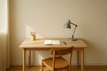 Minimalist living for creators. Minimalist wooden desk setup with a chair, open notebook, pencil holder, and adjustable desk lamp in a softly lit room.