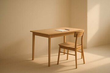Minimalist living for creators. A minimalist wooden table and chair set in a softly lit, neutral-toned room with a paper and pen on the table.