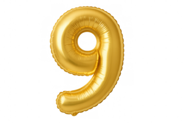 Shiny golden number nine balloon floating on a transparent background, ideal for celebrations, birthdays, and anniversaries