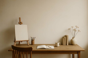 Minimalist living for creators. Minimalist wooden desk with an empty canvas on an easel, art supplies, books, a coffee mug, and a vase with flowers against a plain beige wall.