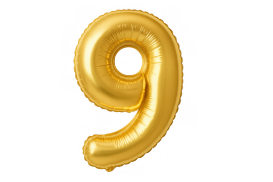 Shiny golden number nine balloon floating on a transparent background, ideal for celebrations, birthdays, and anniversaries