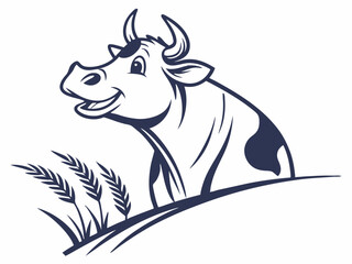 Happy Cow Head Logo with Wheat Stalks V E C T O R Illustration on White Background vector cattle