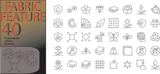 Fabric feature line editable icon set. Editable stroke. Vector illustration	