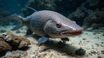 West african lungfish Protopterus annectens underwater portrait