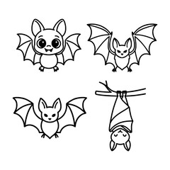 Cute Bat Outline Icons Halloween Flying and Hanging Bat Vector Set