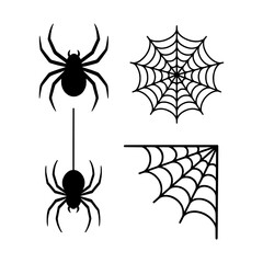 Spider and Web Silhouette Icons Halloween Creepy Vector Set