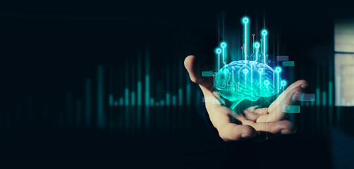 hand of businessman interactive touching a holographic of transaction financial network data...