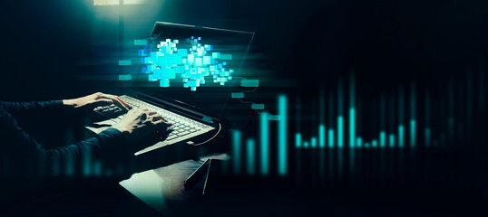 hand of businessman interactive touching a holographic of transaction financial network data...