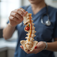 Asian doctor holding spinal nerve and bone model, Lumbar spine displaced herniated disc fragment for treatment medical in the orthopedic department.