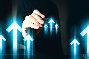 hand of businessman interactive touching a holographic of transaction financial network data...