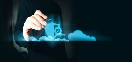 hand of businessman interactive touching a holographic of transaction financial network data...
