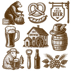 Vintage beer advertisement illustration with brewery, pretzel, and animals  