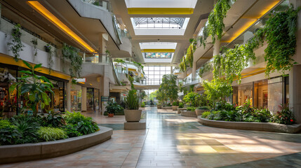 Modern shopping mall interior with clean lines and potted plants. Minimalist architecture meets natural light in urban retail space