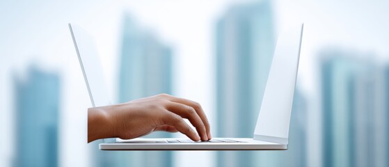 Naklejka premium Typing on a laptop urban cityscape digital work environment remote productivity close-up view modern technology concept