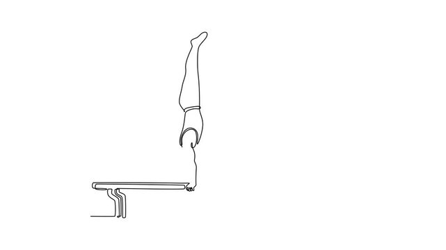 Self drawing animation of single line draw male gymnast performing upside down handstand parallel bars in arena. Movement, action, motion, dynamic concept. Continuous line draw. Full length animated