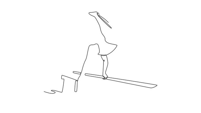 Self drawing animation of single line draw professional male gymnast swinging on parallel bars while doing muscle up exercise during calisthenics workout in gym. Continuous line. Full length animated