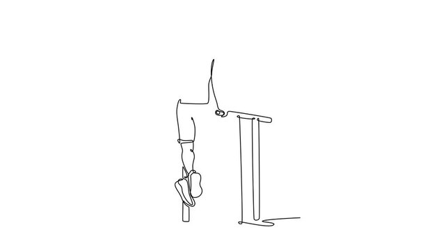 Self drawing animation single line draw muscular male gymnast exercising on parallel bars in modern health club. Strong gymnast perform stunt in sports club. Continuous line draw. Full length animated