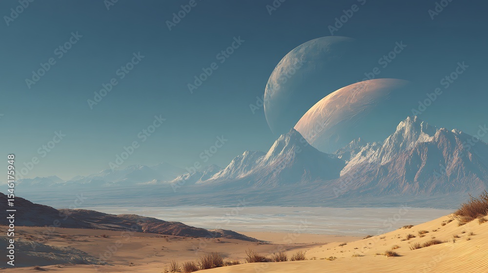 Poster desert landscape on the surface of another planet with mountains and giant moon in space