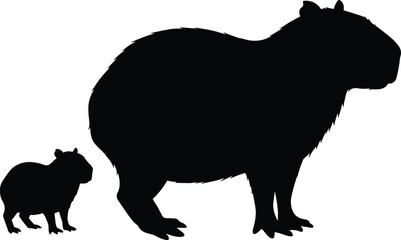 Silhouette of capybara and baby standing side by side, isolated on white background, wildlife concept, large rodent mammals, nature illustration