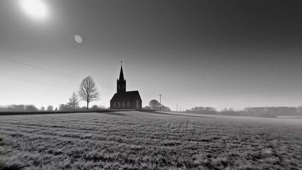 black and white tall, dark church with a steeple standing in a vast, misty field under a gray sky. - Powered by Adobe