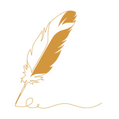 Continuous line drawing of writing quill feather pen. Minimalist linear sketch isolated on white background. Hand drawn vector illustration.